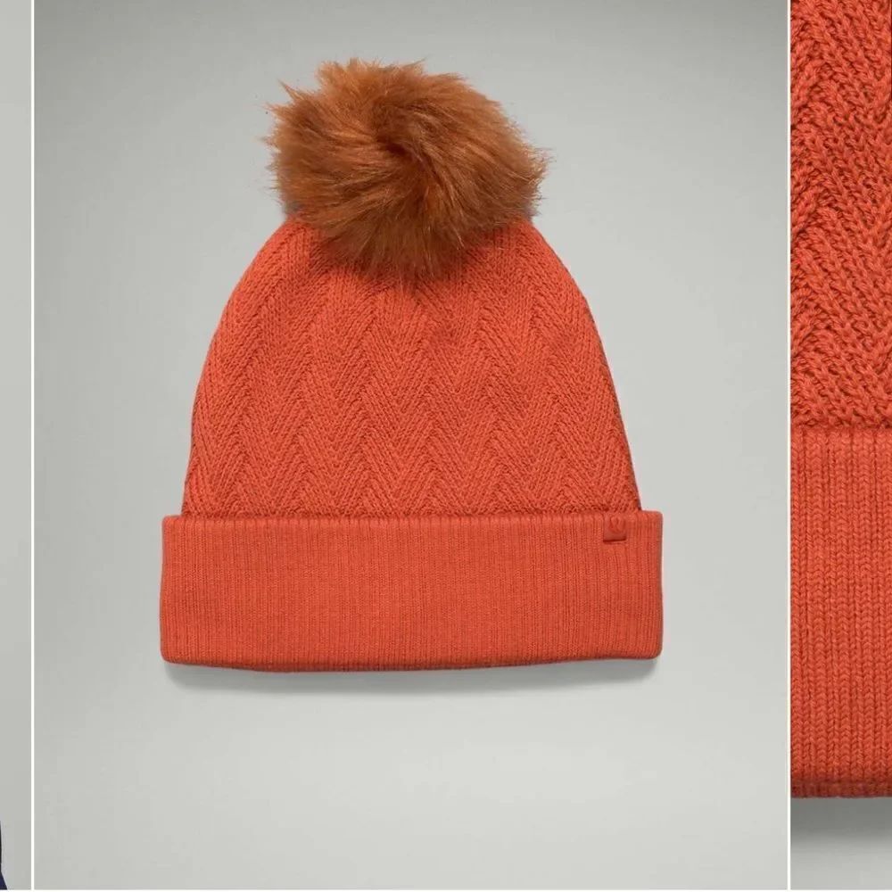 NWT New LULULEMON Chevron Knit Fur Pom Beanie Hat Canyon Orange CAYO